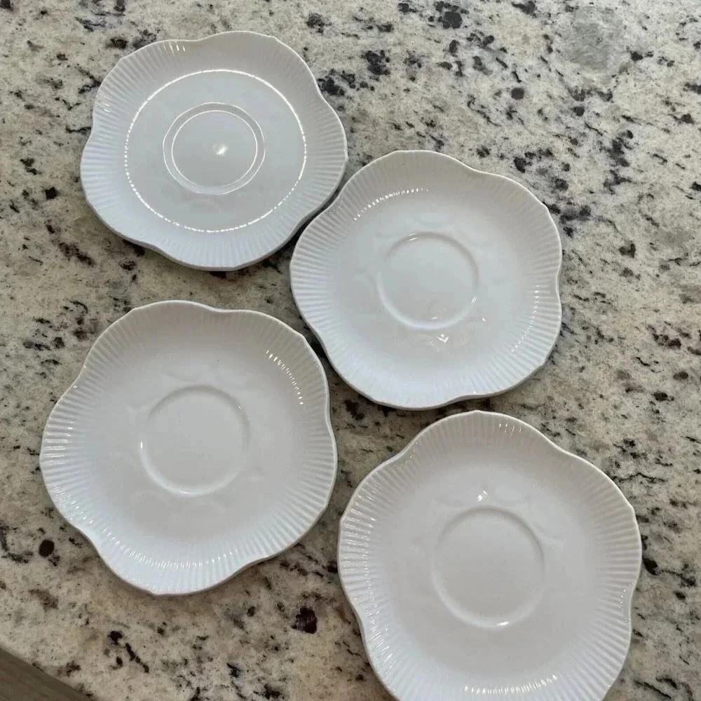 4 Scalloped Saucers - Flower / Shell Shape China Embossed Lines Unmarked Ceramic